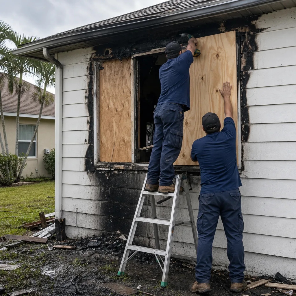 Two technicians boarding up a residential window after fire damage restoration.