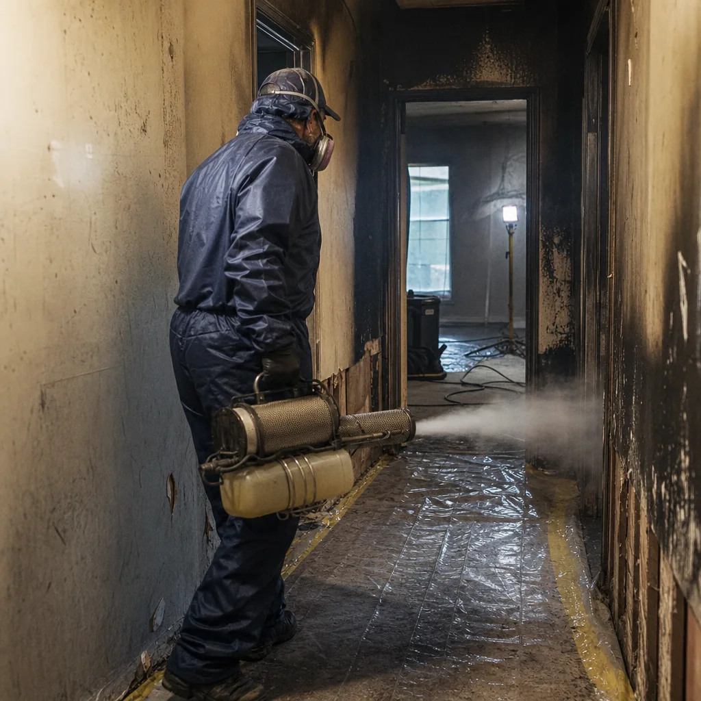 Technician performing professional fire and smoke damage restoration in a hallway