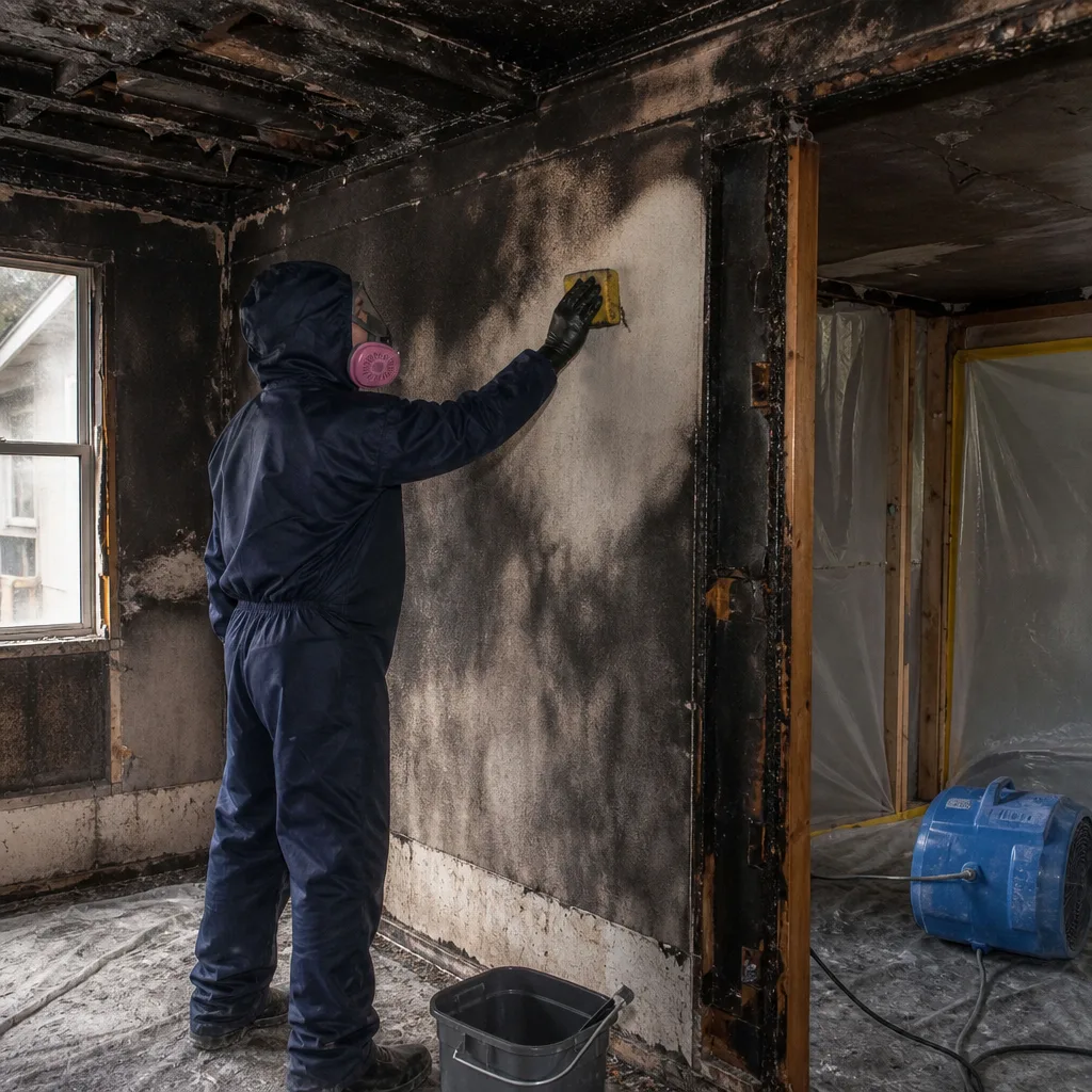 Professional technician cleaning soot and smoke damage from fire damaged wall