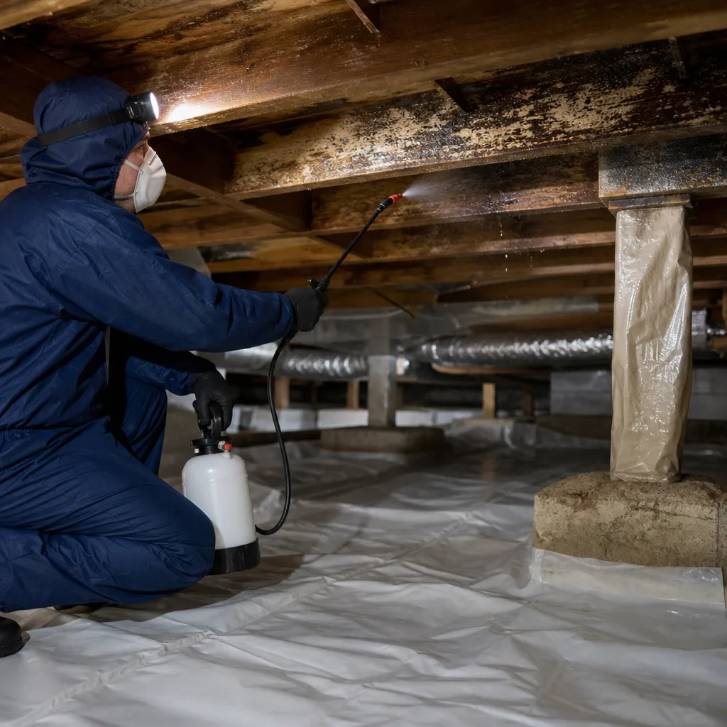 Technician in protective gear performing professional mold remediation on wooden joists.