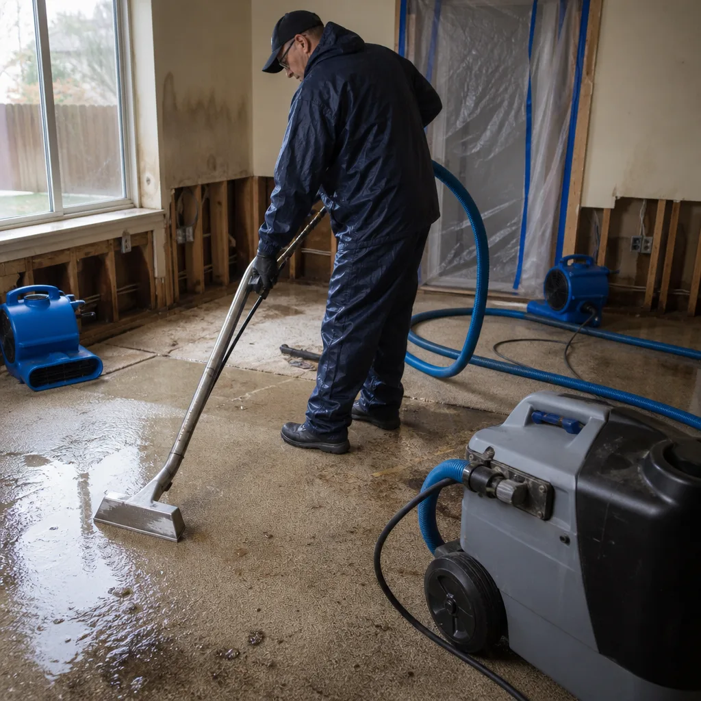 Technician using industrial equipment for water damage restoration services