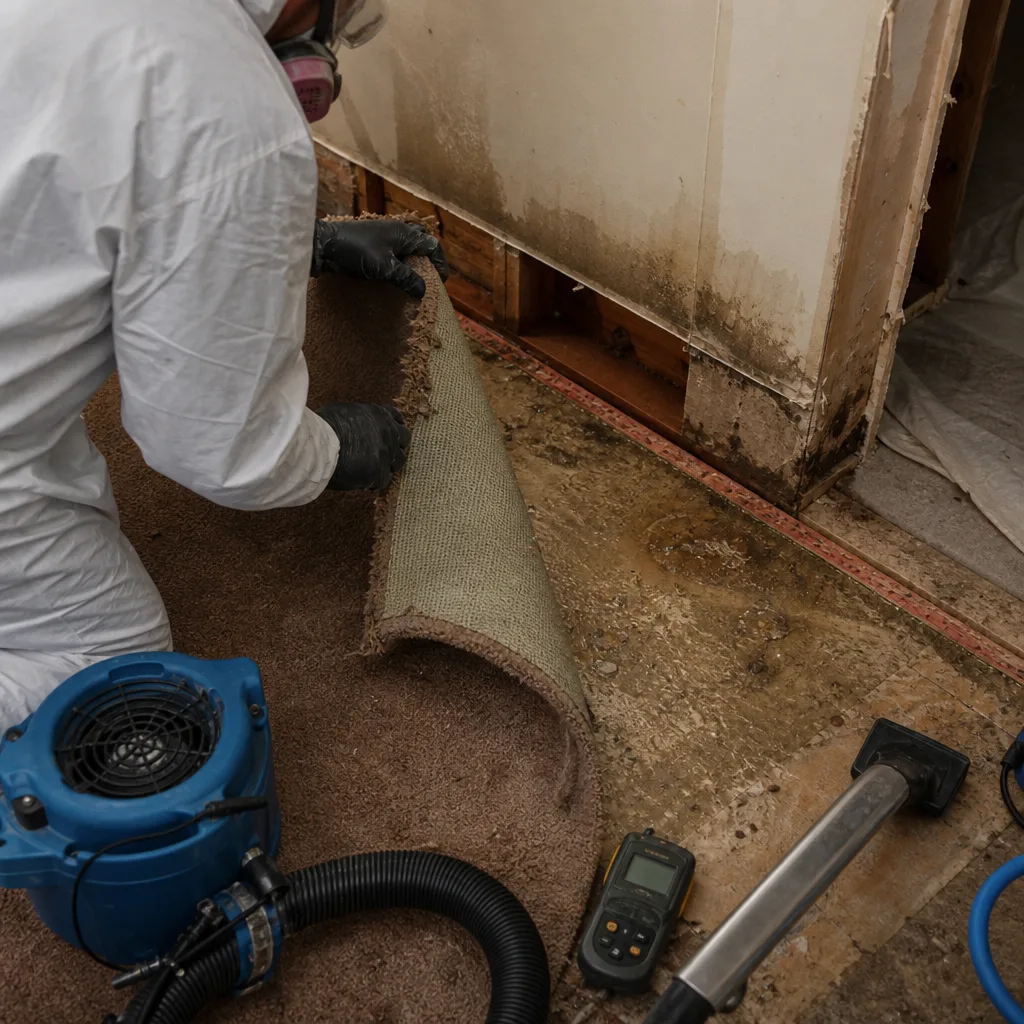 Water damage restoration technician inspecting floor moisture under carpet